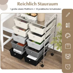 Rollwagen mit 10 Stapelbaren Schubladen Schubladenwagen Rollcontainer Badrollwagen