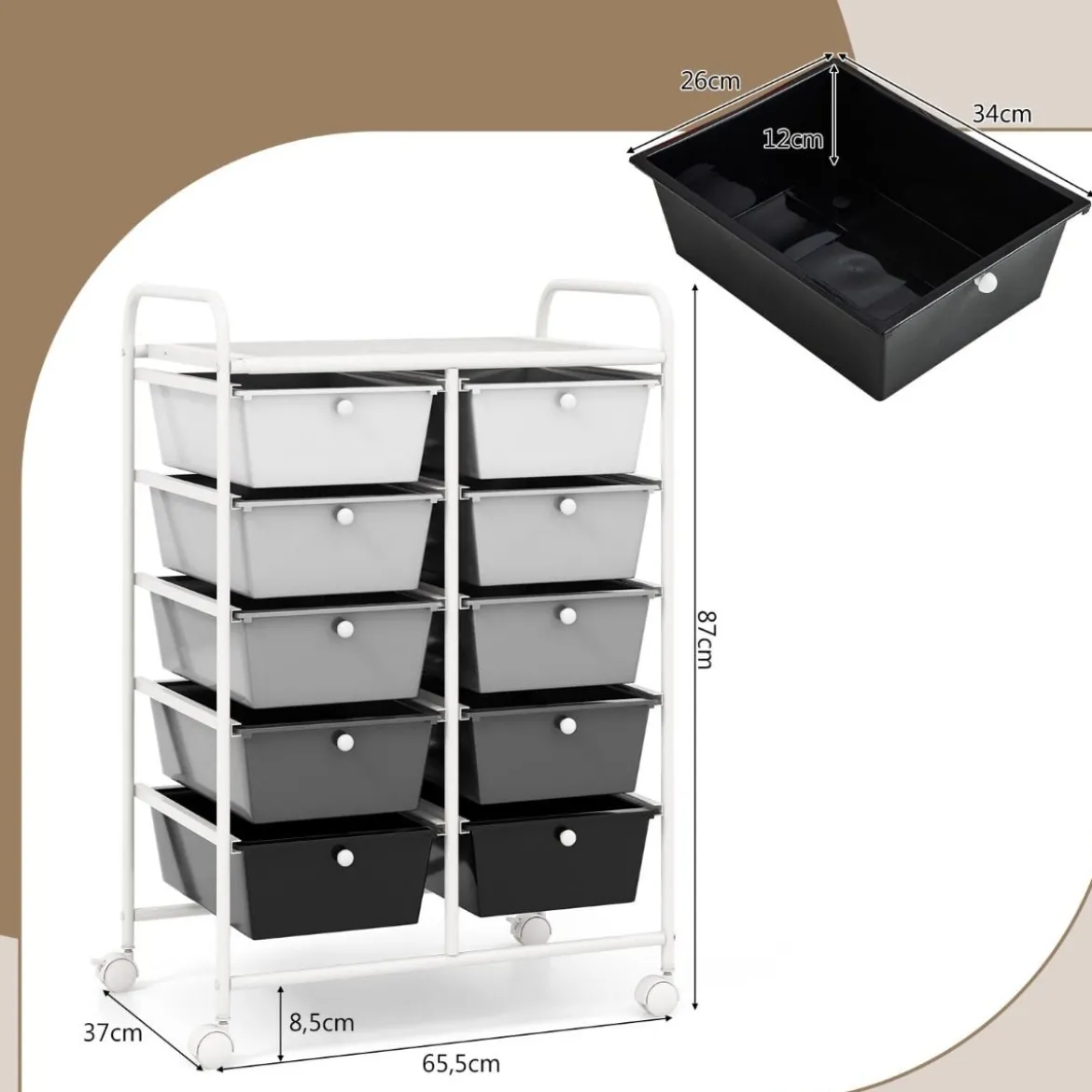 Rollwagen mit 10 Stapelbaren Schubladen Schubladenwagen Rollcontainer Badrollwagen