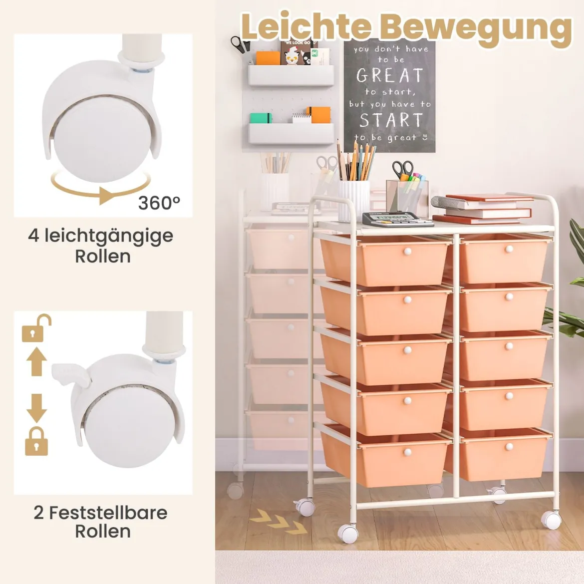 Rollwagen mit 10 Stapelbaren Schubladen Schubladenwagen Rollcontainer Badrollwagen