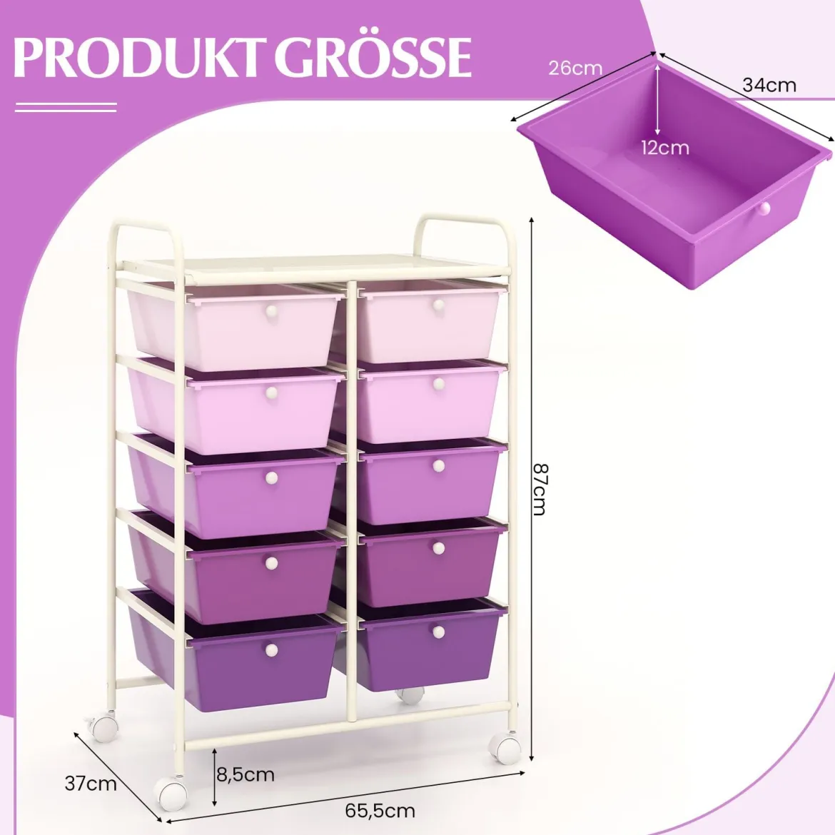 Rollwagen mit 10 Stapelbaren Schubladen Schubladenwagen Rollcontainer Badrollwagen