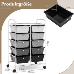 Rollwagen mit 10 Stapelbaren Schubladen Schubladenwagen Rollcontainer Badrollwagen
