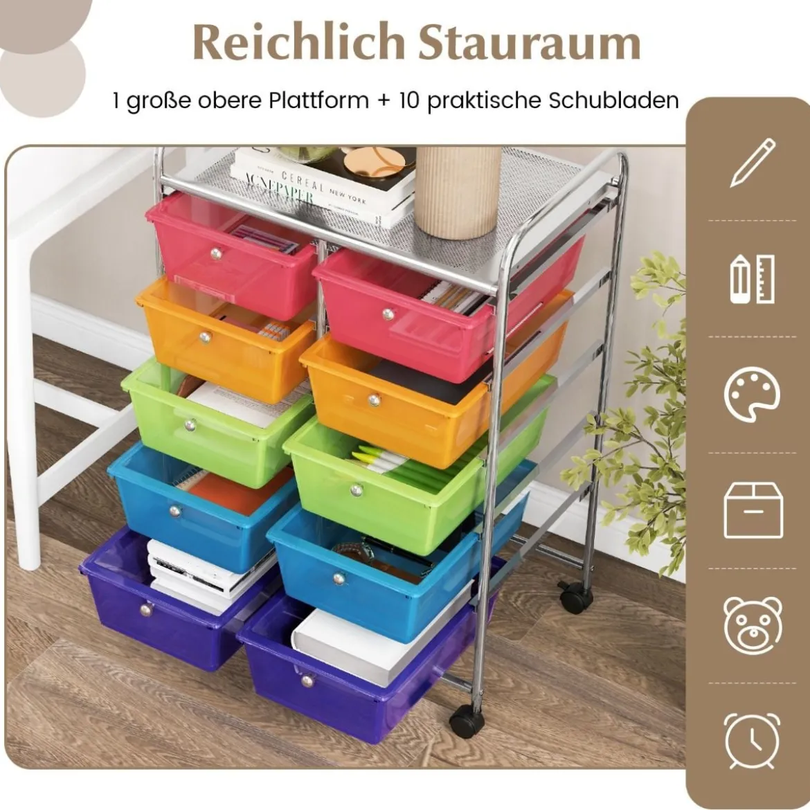 Rollwagen mit 10 Stapelbaren Schubladen Schubladenwagen Rollcontainer Badrollwagen