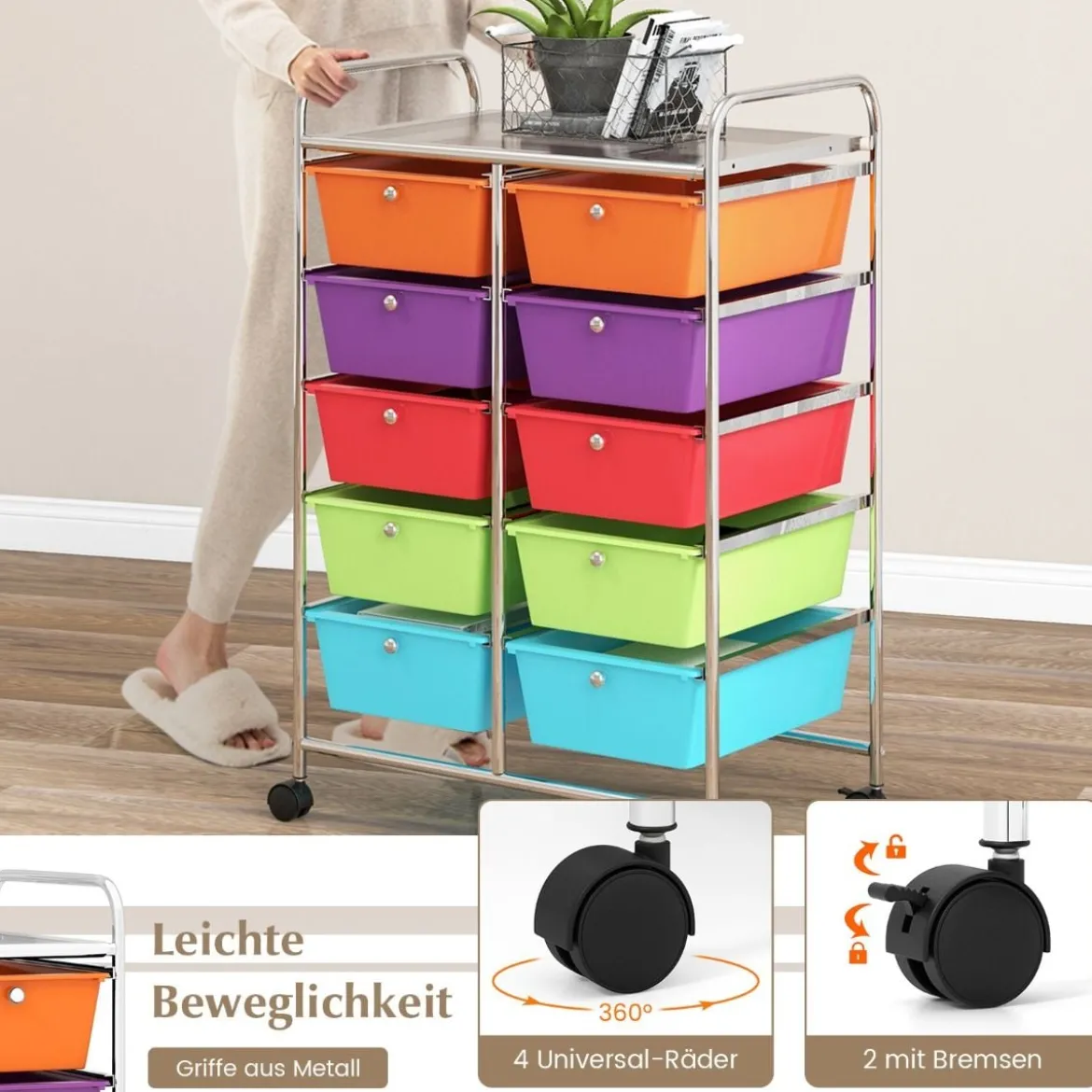 Rollwagen mit 10 Stapelbaren Schubladen Schubladenwagen Rollcontainer Badrollwagen