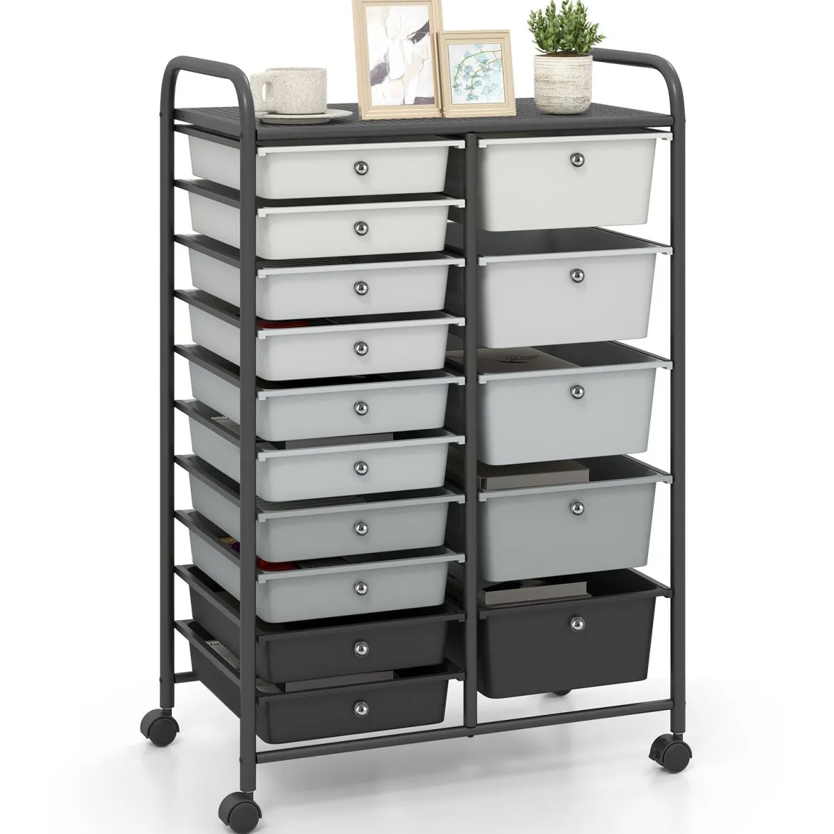 Rollwagen mit 15 Stapelbaren Schubladen & Griffe Schubladenwagen 63 x 38 x 96 cm Schwarz