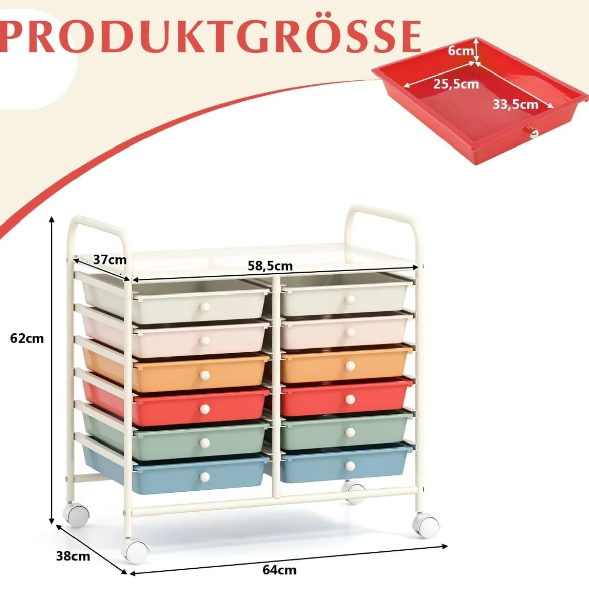 Rollwagen mit 12 Stapelbaren Schubladen & Ablagefläche Schubladenwagen Rollcontainer