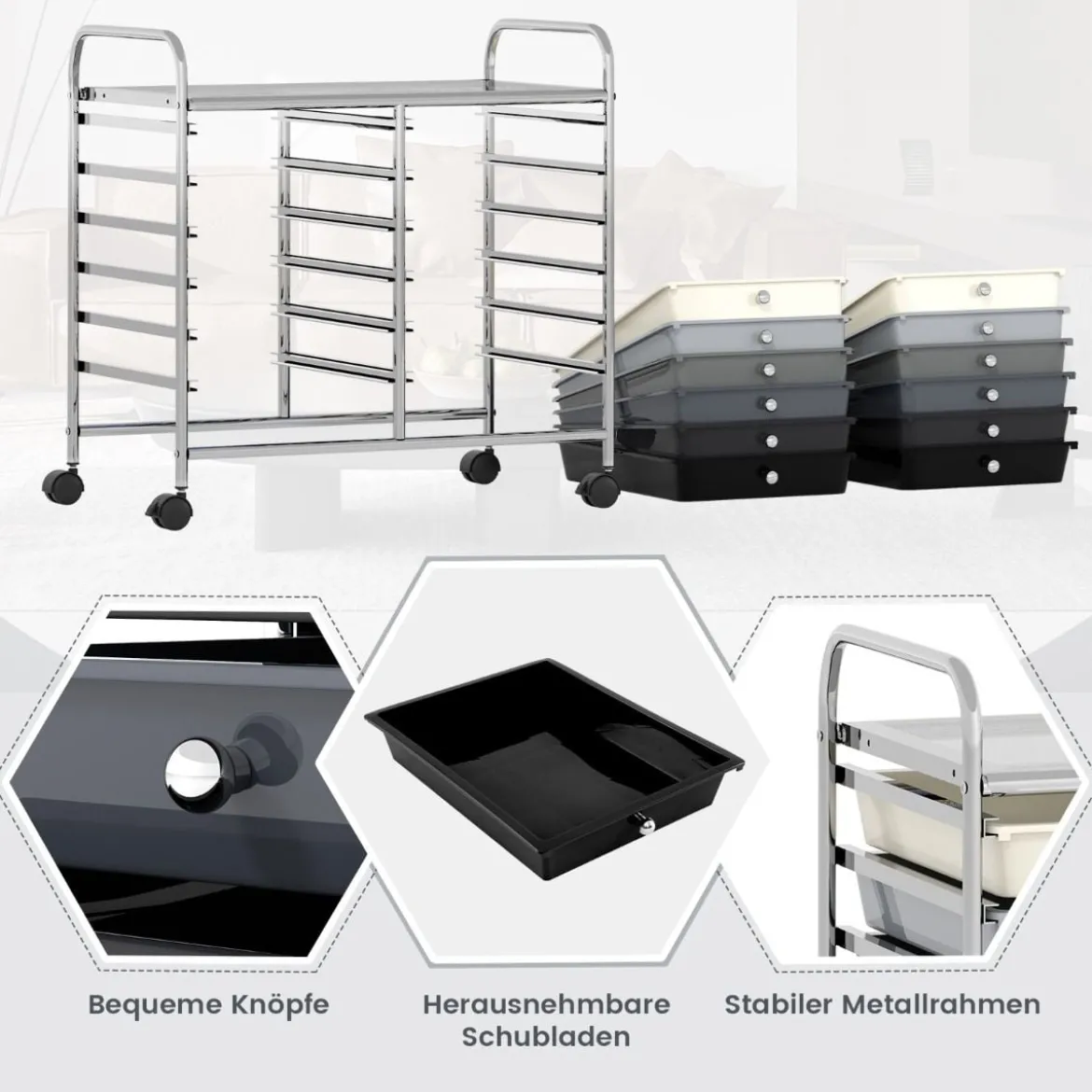 Rollwagen mit 12 Stapelbaren Schubladen & Ablagefläche Schubladenwagen Rollcontainer