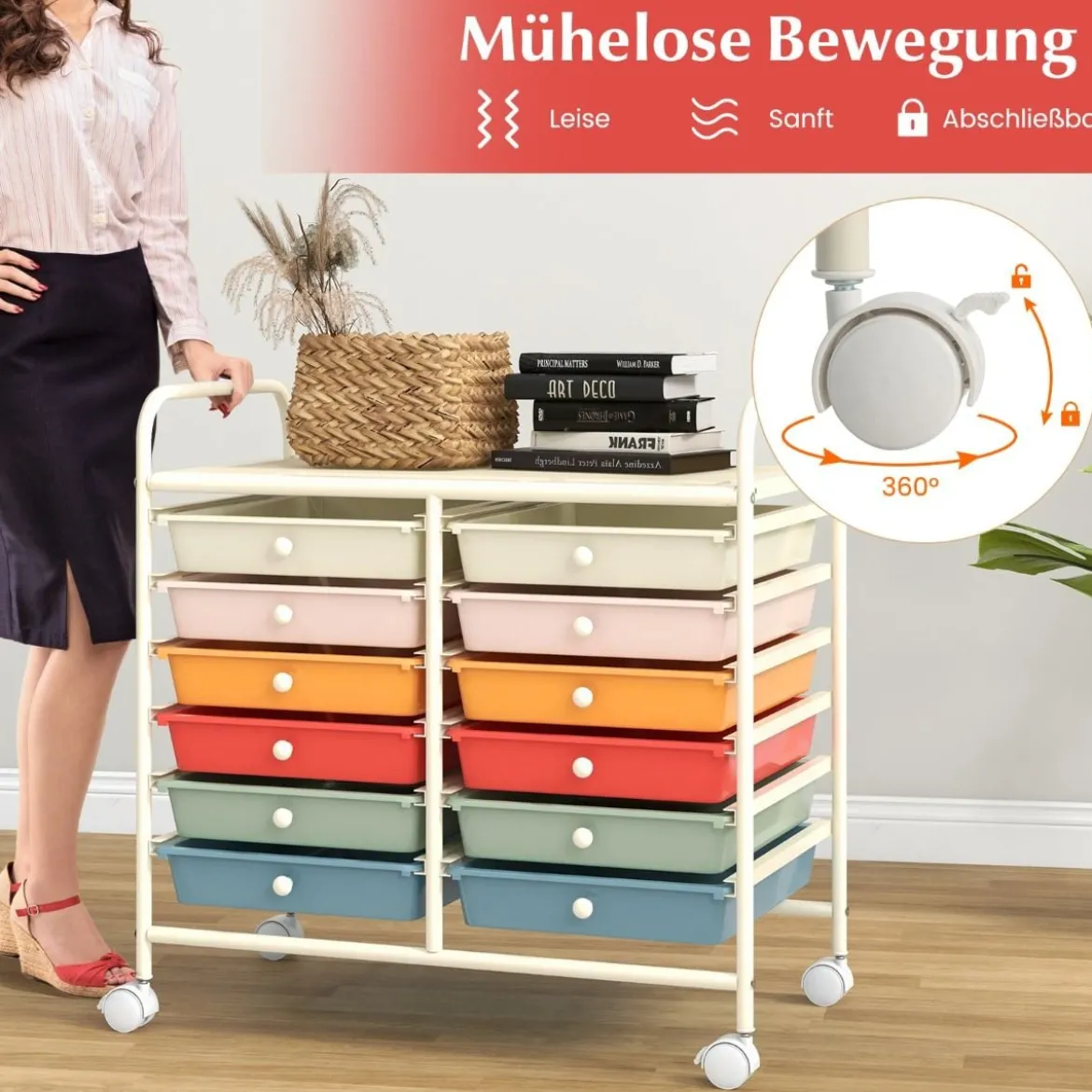 Rollwagen mit 12 Stapelbaren Schubladen & Ablagefläche Schubladenwagen Rollcontainer