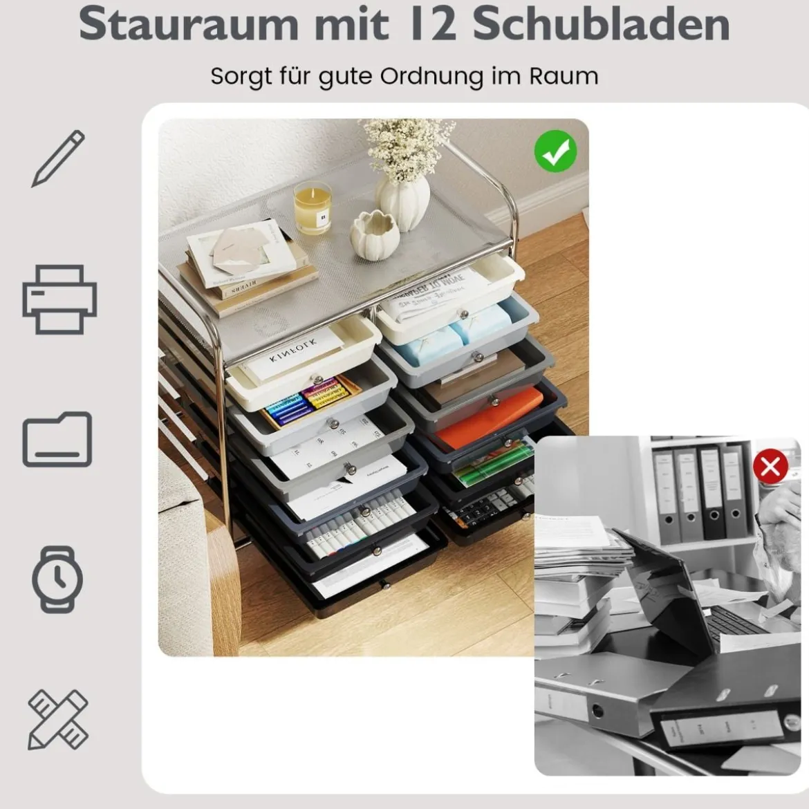 Rollwagen mit 12 Stapelbaren Schubladen & Ablagefläche Schubladenwagen Rollcontainer