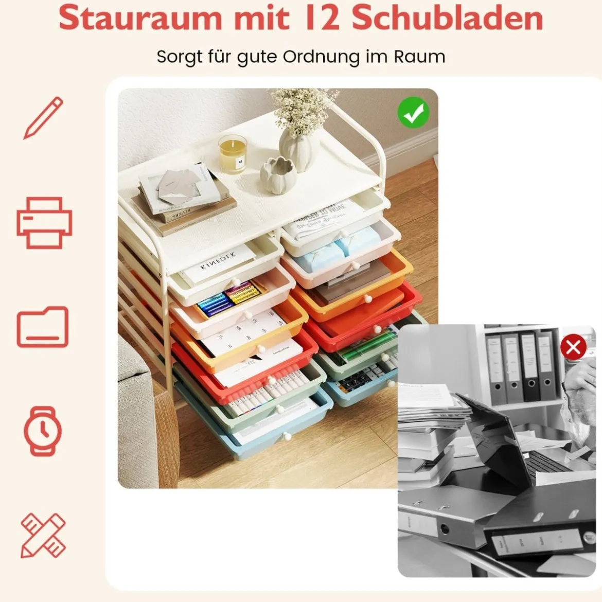Rollwagen mit 12 Stapelbaren Schubladen & Ablagefläche Schubladenwagen Rollcontainer