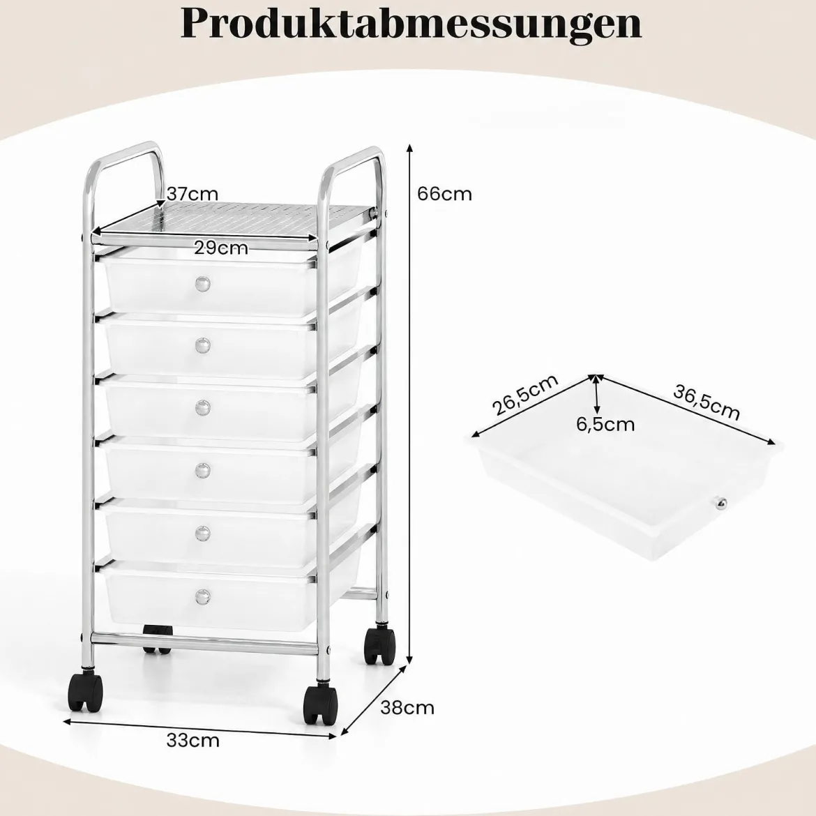 Rollwagen mit 6 Stapelbaren Schubladen & Leichtgängigen Schienen Rollcontainer Weiß