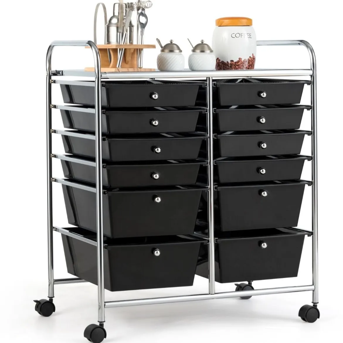 Rollwagen mit 12 stapelbaren Schubladen Schubladenwagen Rollcontainer mit Metallgestell und Ablagefläche