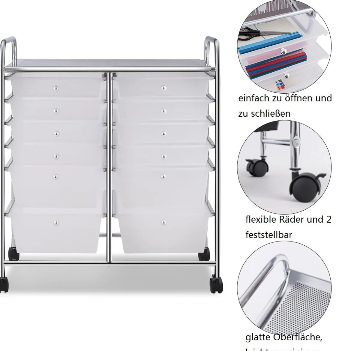 Rollwagen mit 12 stapelbaren Schubladen Schubladenwagen Rollcontainer mit Metallgestell und Ablagefläche