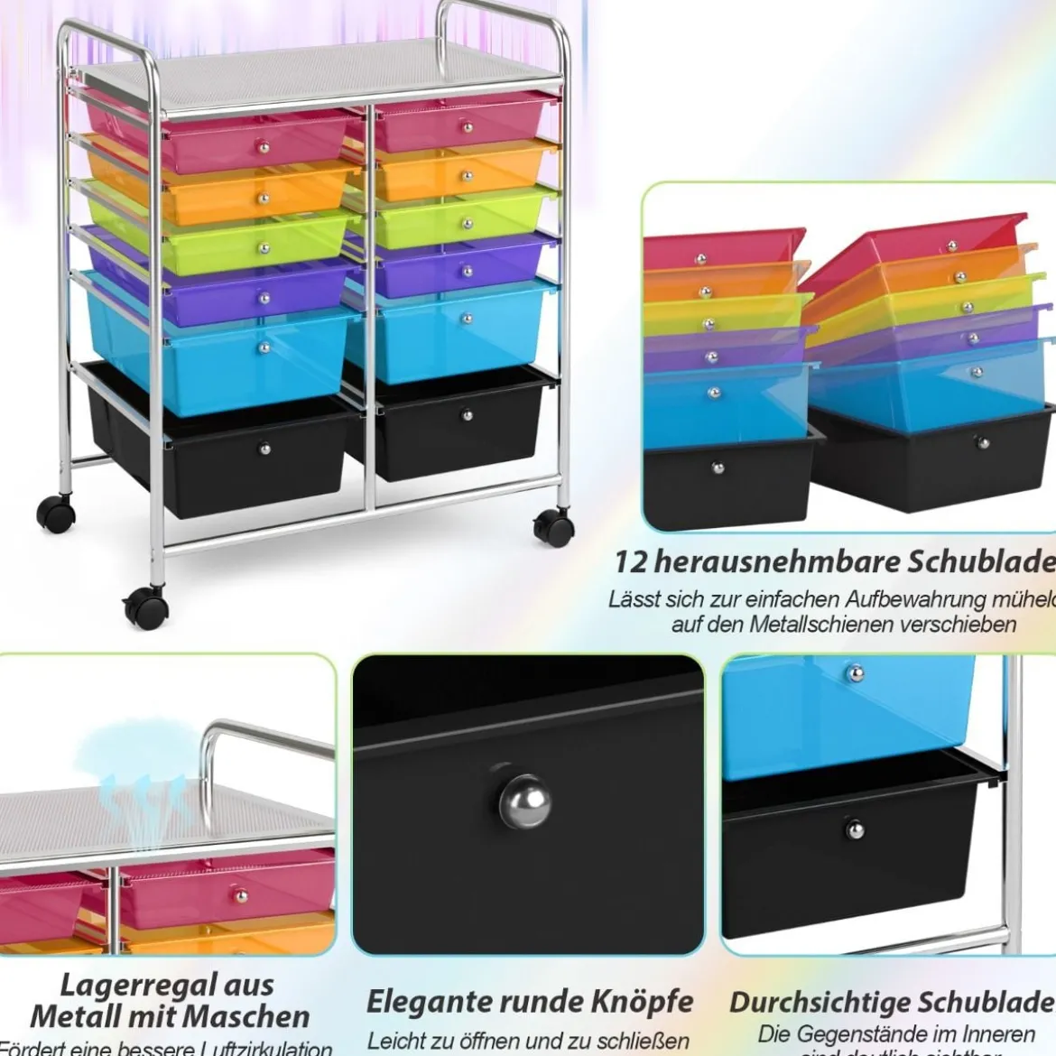 Rollwagen mit 12 stapelbaren Schubladen Schubladenwagen Rollcontainer mit Metallgestell und Ablagefläche