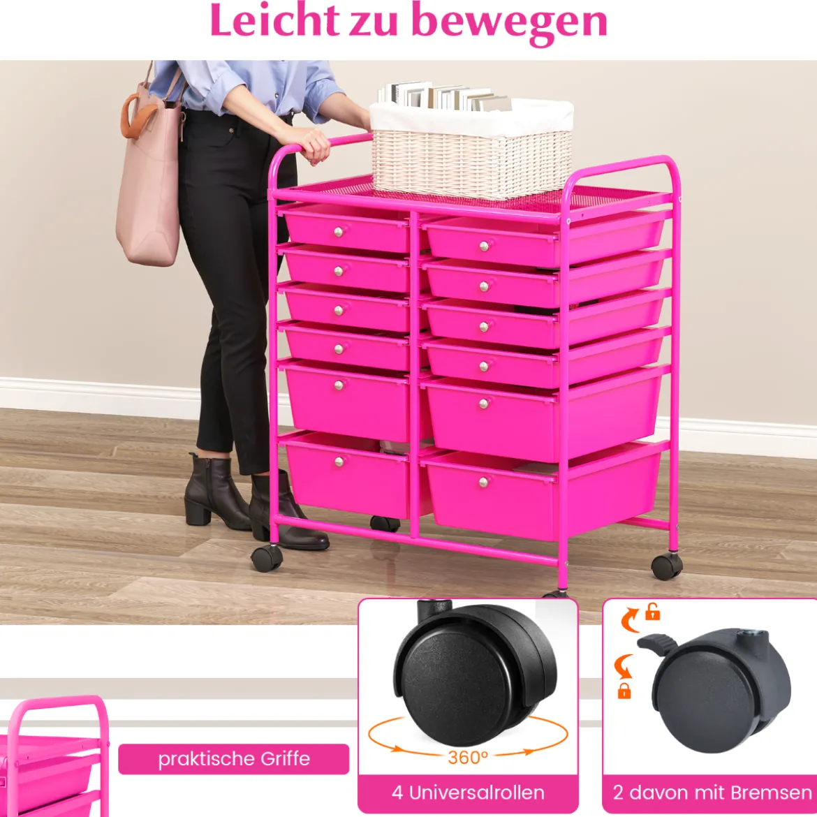 Rollwagen mit 12 stapelbaren Schubladen Schubladenwagen Rollcontainer mit Metallgestell und Ablagefläche