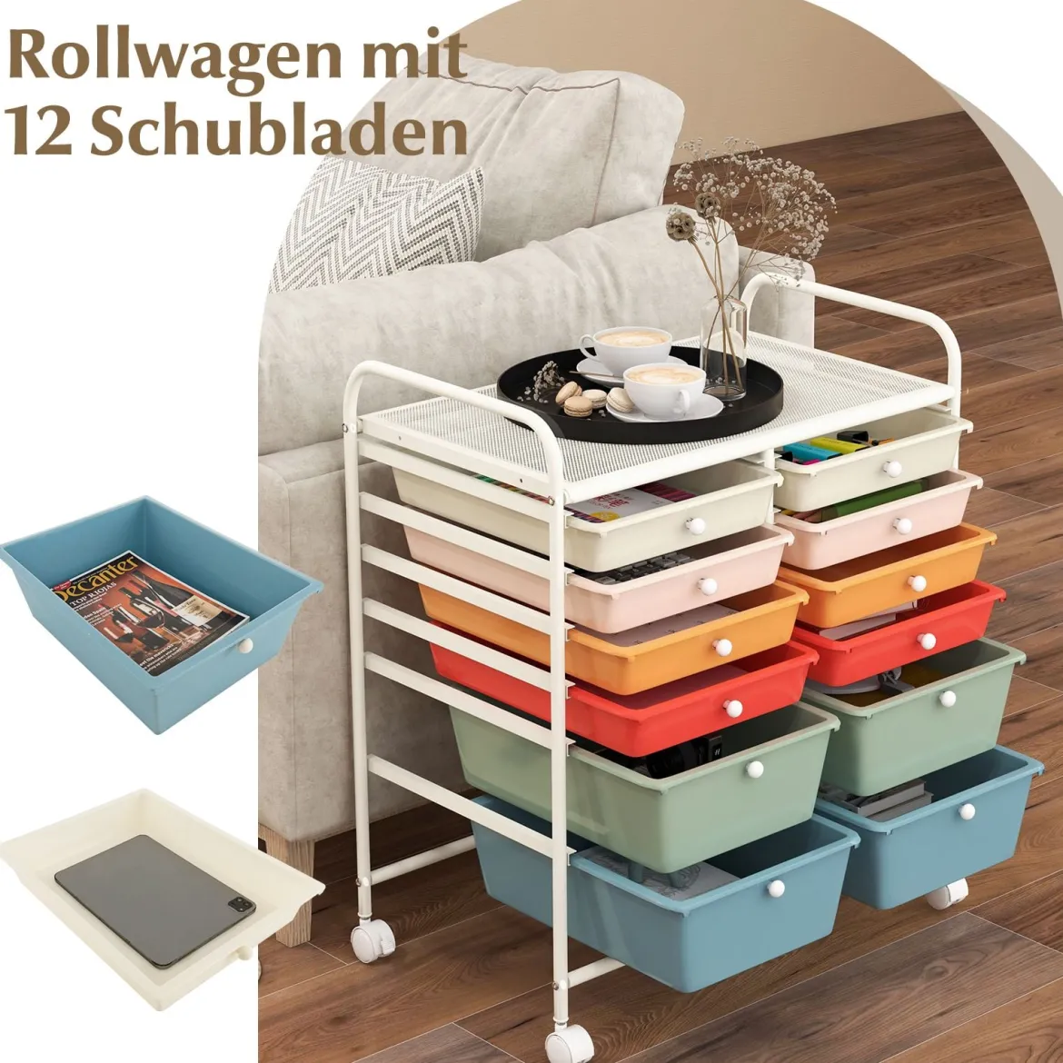 Rollwagen mit 12 stapelbaren Schubladen Schubladenwagen Rollcontainer mit Metallgestell und Ablagefläche