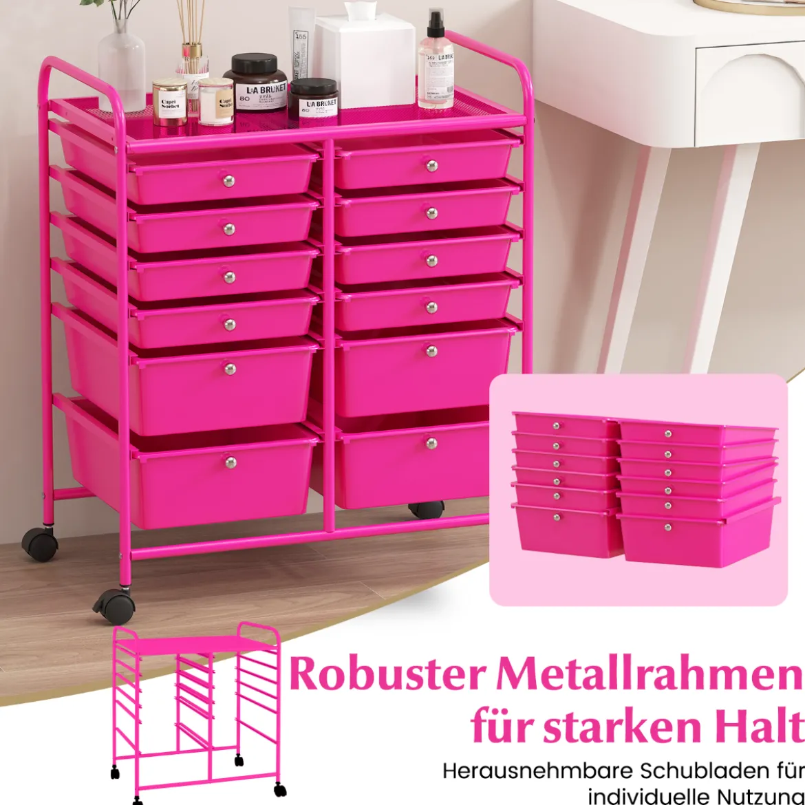 Rollwagen mit 12 stapelbaren Schubladen Schubladenwagen Rollcontainer mit Metallgestell und Ablagefläche