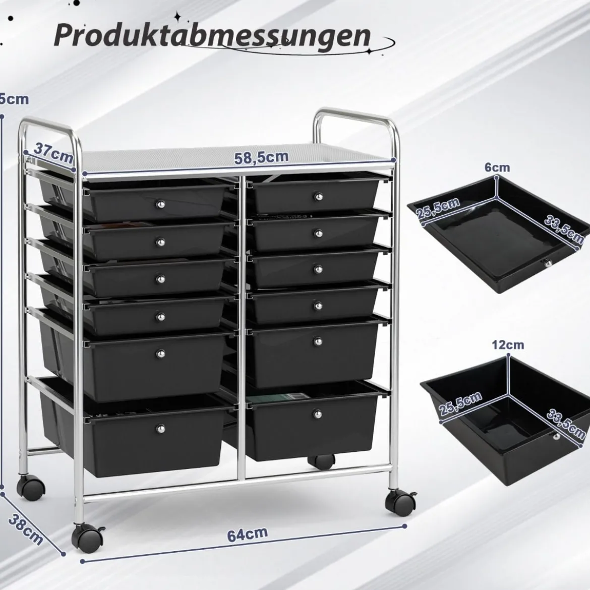 Rollwagen mit 12 stapelbaren Schubladen Schubladenwagen Rollcontainer mit Metallgestell und Ablagefläche
