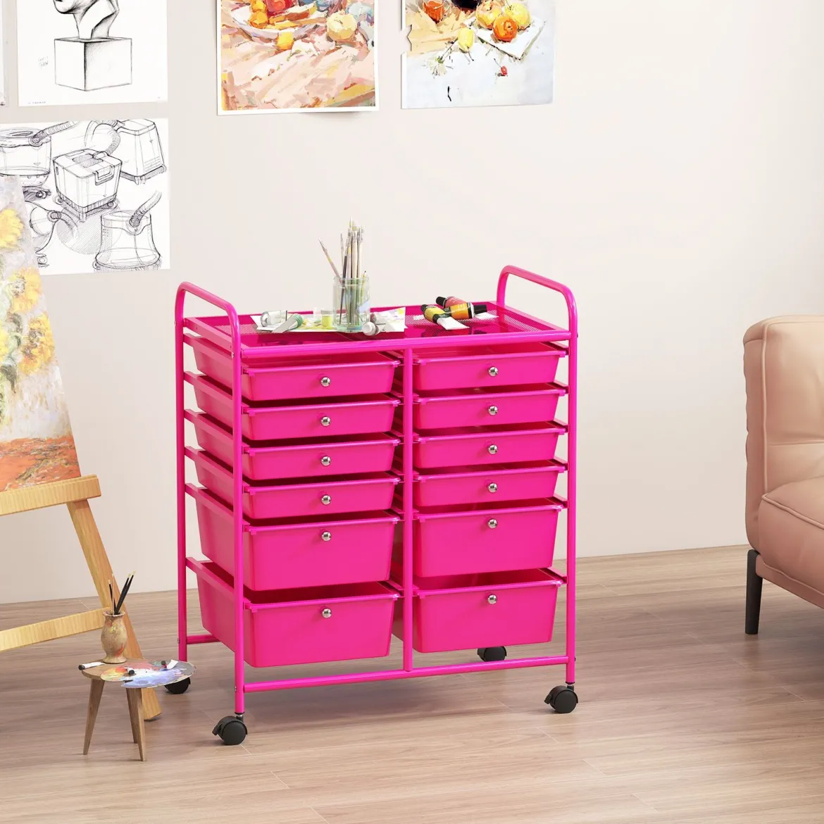 Rollwagen mit 12 stapelbaren Schubladen Schubladenwagen Rollcontainer mit Metallgestell und Ablagefläche