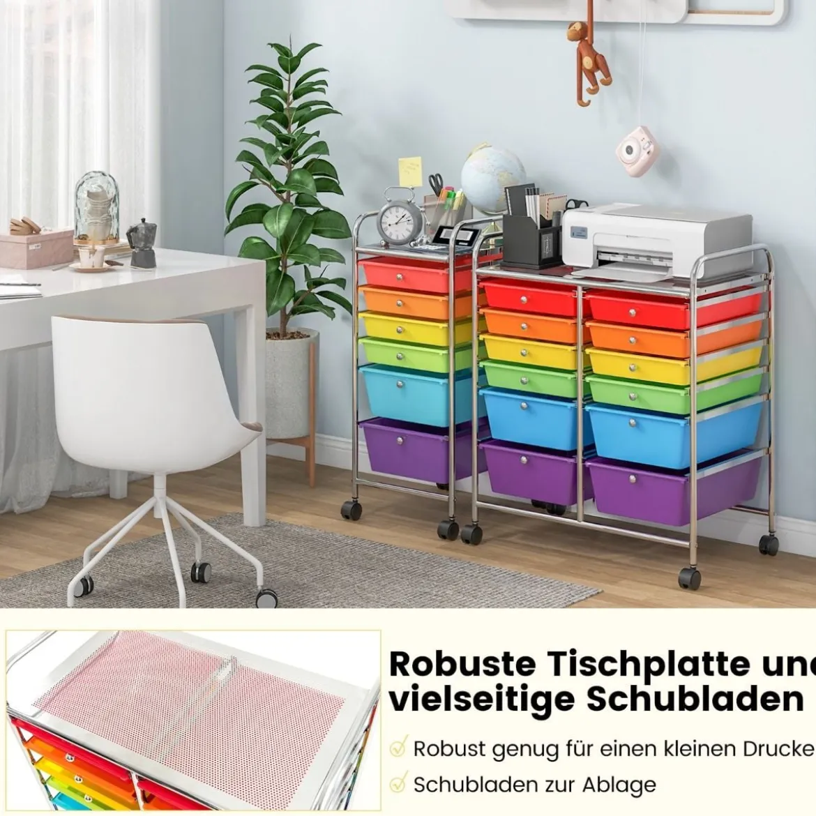 Rollwagen mit 12 stapelbaren Schubladen Schubladenwagen Rollcontainer mit Metallgestell und Ablagefläche