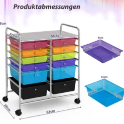 Rollwagen mit 12 stapelbaren Schubladen Schubladenwagen Rollcontainer mit Metallgestell und Ablagefläche