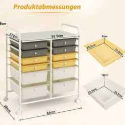 Rollwagen mit 12 stapelbaren Schubladen Schubladenwagen Rollcontainer mit Metallgestell und Ablagefläche