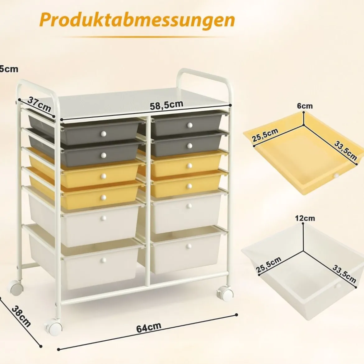 Rollwagen mit 12 stapelbaren Schubladen Schubladenwagen Rollcontainer mit Metallgestell und Ablagefläche