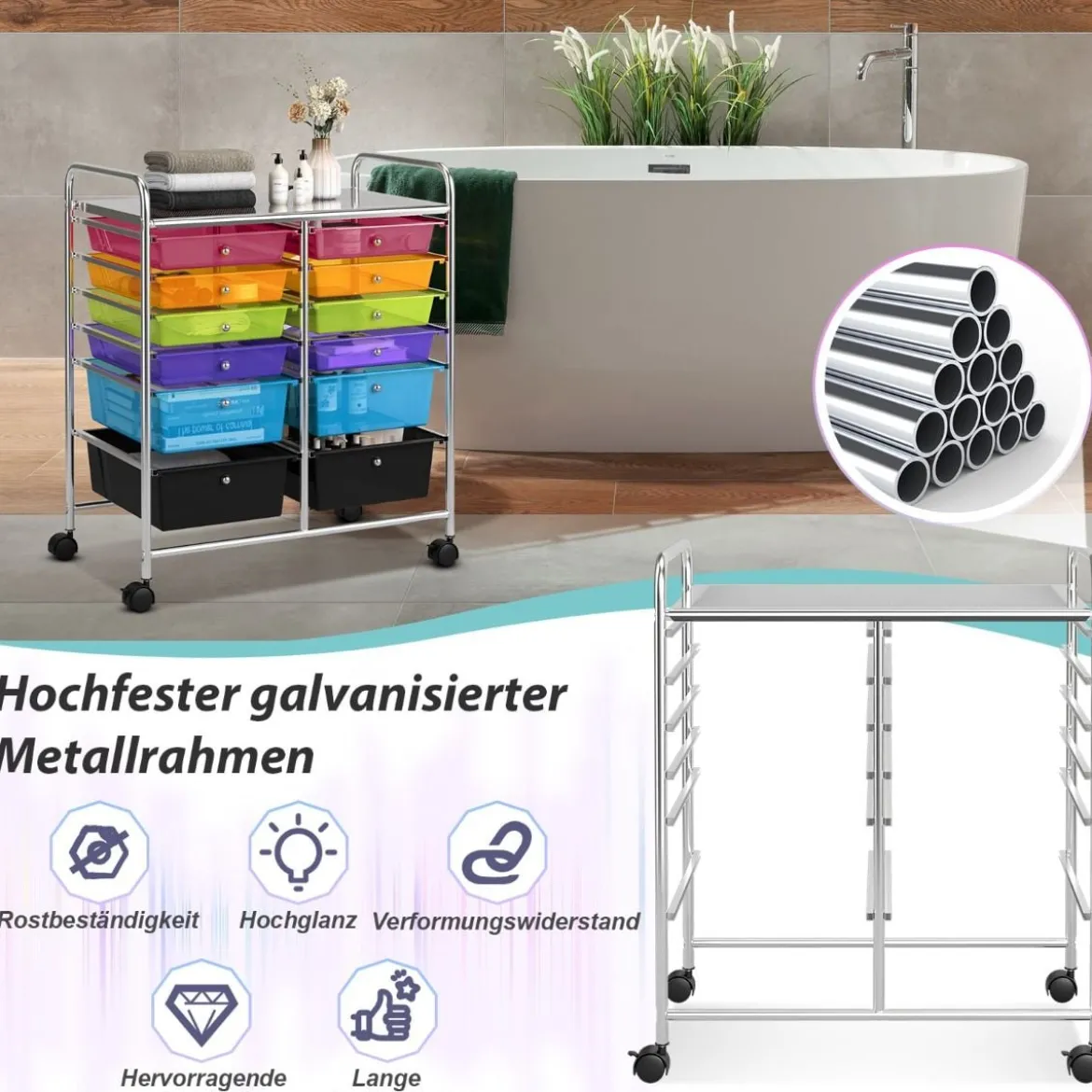 Rollwagen mit 12 stapelbaren Schubladen Schubladenwagen Rollcontainer mit Metallgestell und Ablagefläche