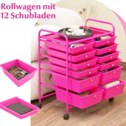 Rollwagen mit 12 stapelbaren Schubladen Schubladenwagen Rollcontainer mit Metallgestell und Ablagefläche
