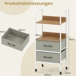 Rollwagen mit 2 Stoffschubladen & 4 Universalrollen & 2 Offenen Ablagen Mobiler Küchenwagen