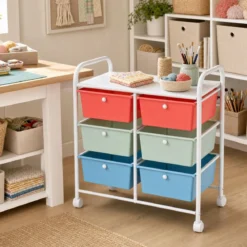 Rollwagen Rollcontainer mit 6 Schubladen aus Kunststoff & 2 Griffen 63,5 x 38 x 66 cm Bunt