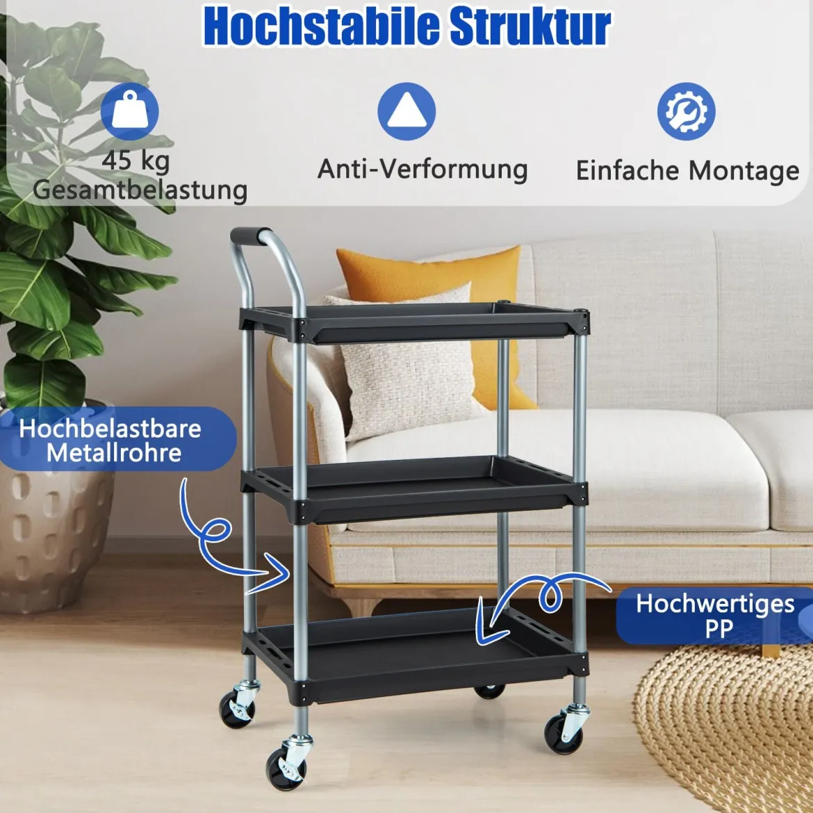Rollwagen Werkstattwagen mit 3 Etagen mobiler Werkzeugwagen mit gepolstertem Griff & Rollen 64 x 40 x 102 cm Schwarz