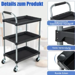 Rollwagen Werkstattwagen mit 3 Etagen mobiler Werkzeugwagen mit gepolstertem Griff & Rollen 64 x 40 x 102 cm Schwarz