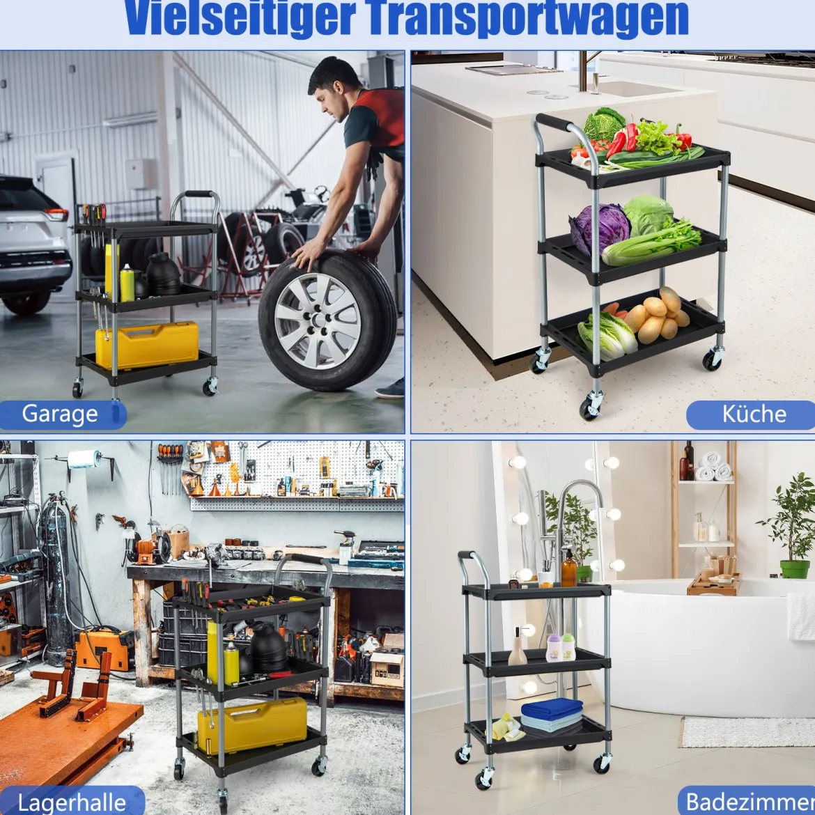 Rollwagen Werkstattwagen mit 3 Etagen mobiler Werkzeugwagen mit gepolstertem Griff & Rollen 64 x 40 x 102 cm Schwarz