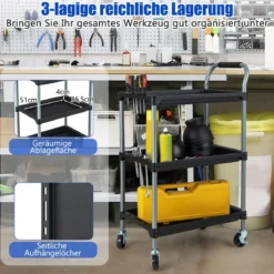 Rollwagen Werkstattwagen mit 3 Etagen mobiler Werkzeugwagen mit gepolstertem Griff & Rollen 64 x 40 x 102 cm Schwarz