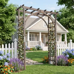 Rosenbogen Holz Gartenbogen aus Tannenholz mit Dach & Rankgittern 160 x 60 x 216 cm Dunkelbraun