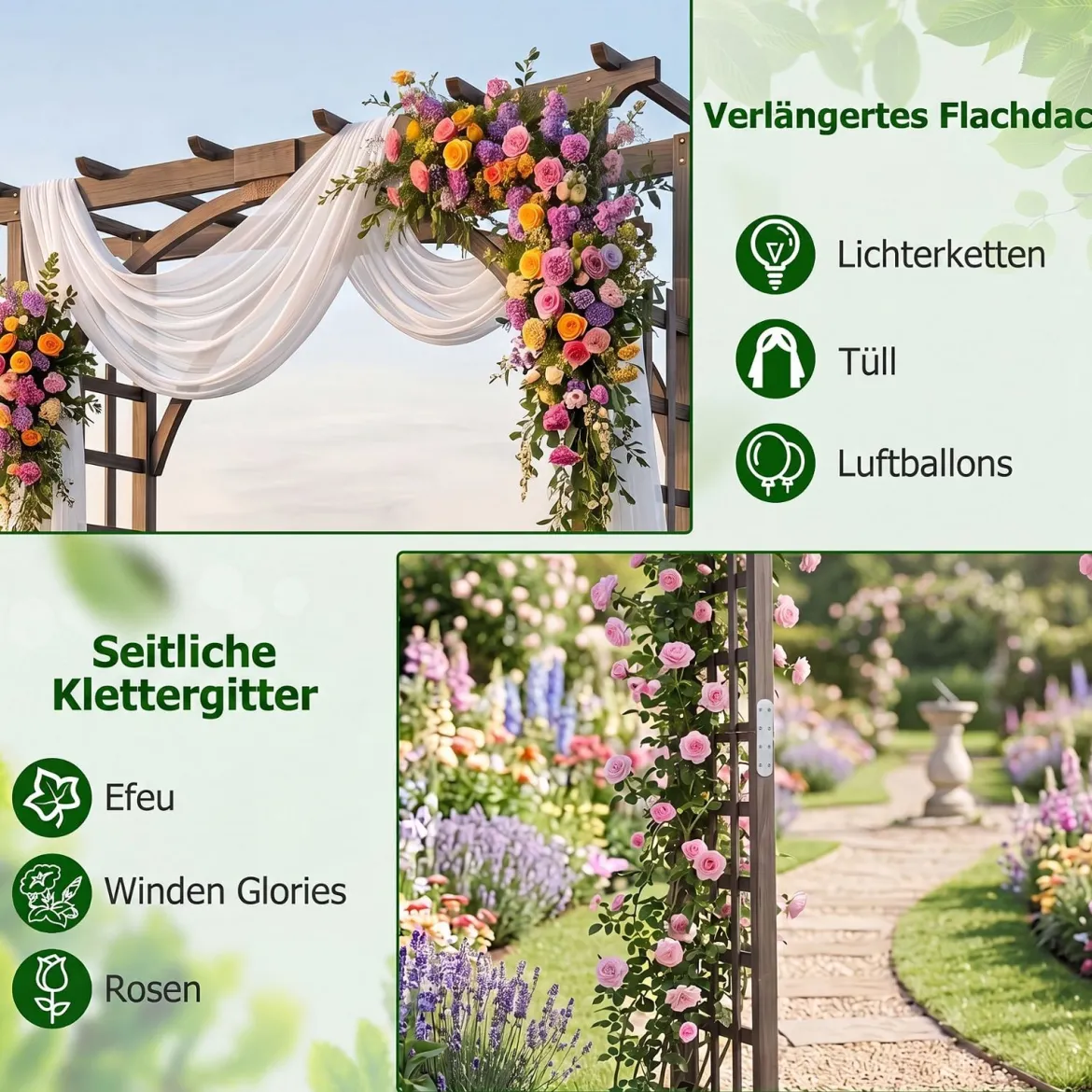 Rosenbogen Holz Gartenbogen aus Tannenholz mit Dach & Rankgittern 160 x 60 x 216 cm Dunkelbraun