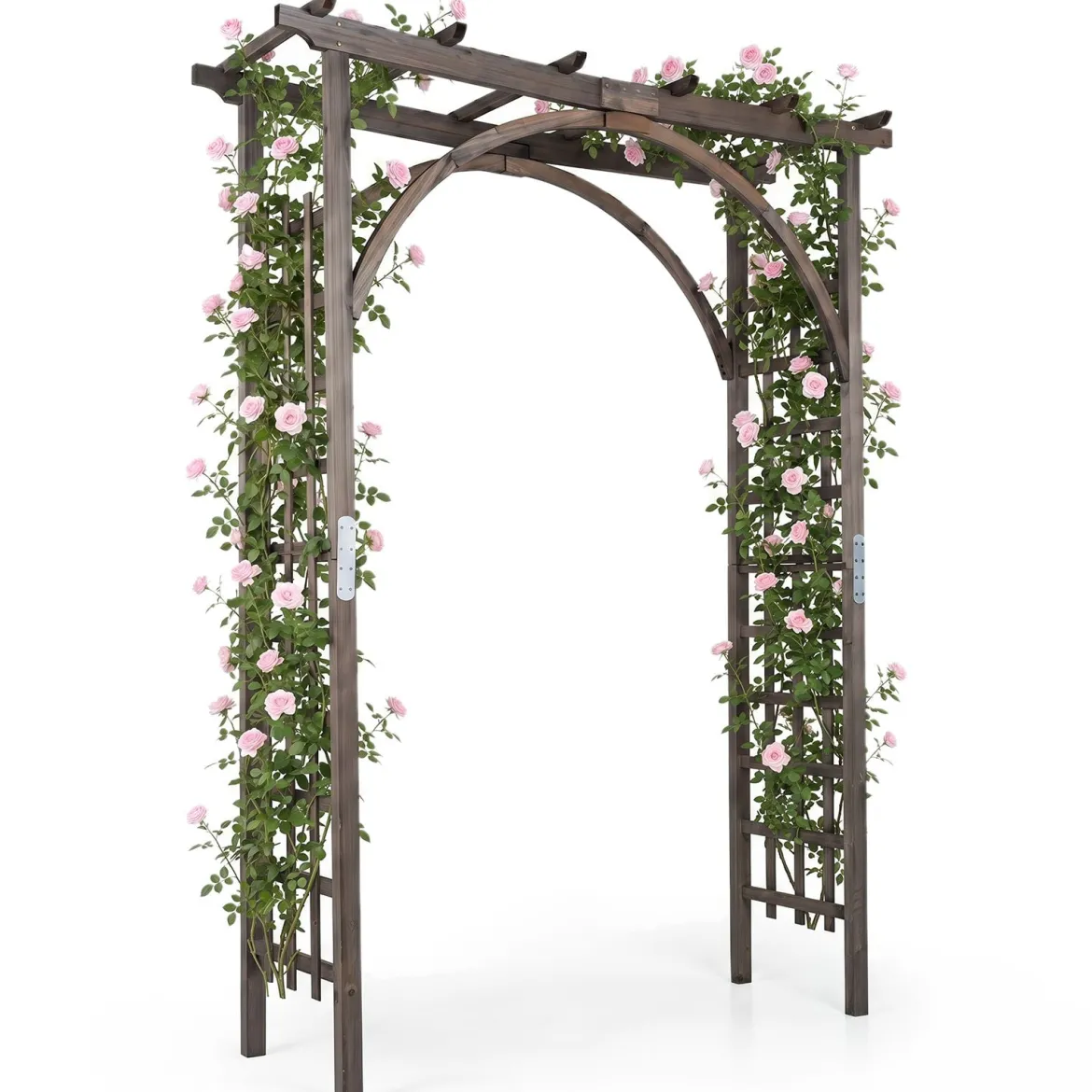 Rosenbogen Holz Gartenbogen aus Tannenholz mit Dach & Rankgittern 160 x 60 x 216 cm Dunkelbraun