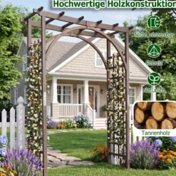 Rosenbogen Holz Gartenbogen aus Tannenholz mit Dach & Rankgittern 160 x 60 x 216 cm Dunkelbraun