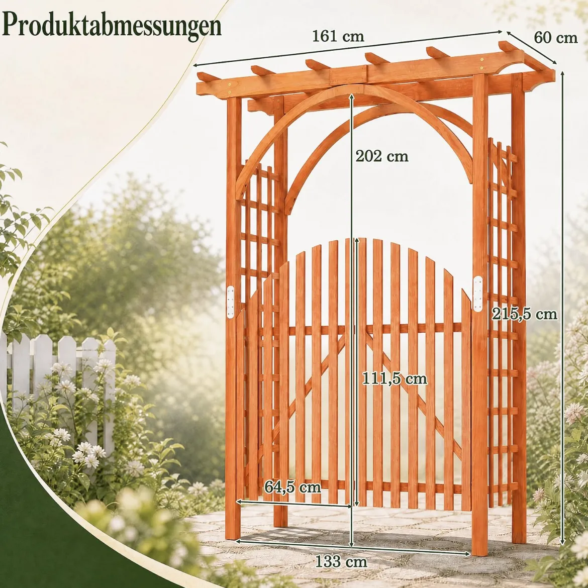 Rosenbogen Holz Rankbogen aus Tannenholz mit Hängedach & Rankgitter 161 x 60 x 216 cm Orange