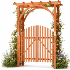 Rosenbogen Holz Rankbogen aus Tannenholz mit Hängedach & Rankgitter 161 x 60 x 216 cm Orange