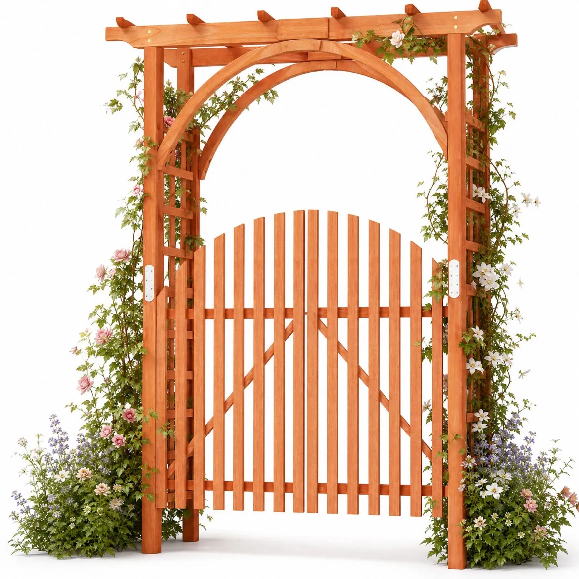 Rosenbogen Holz Rankbogen aus Tannenholz mit Hängedach & Rankgitter 161 x 60 x 216 cm Orange