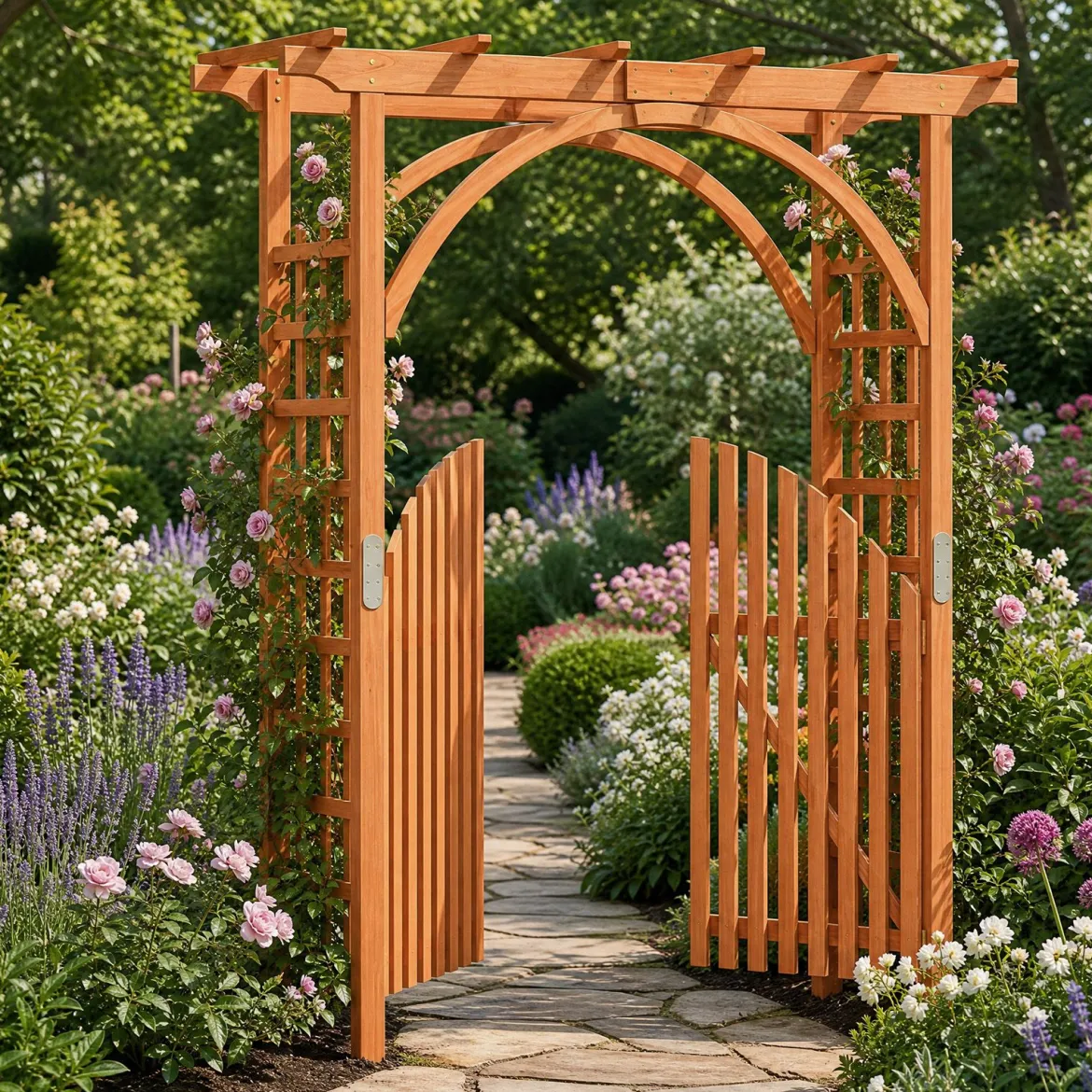 Rosenbogen Holz Rankbogen aus Tannenholz mit Hängedach & Rankgitter 161 x 60 x 216 cm Orange
