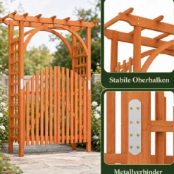 Rosenbogen Holz Rankbogen aus Tannenholz mit Hängedach & Rankgitter 161 x 60 x 216 cm Orange
