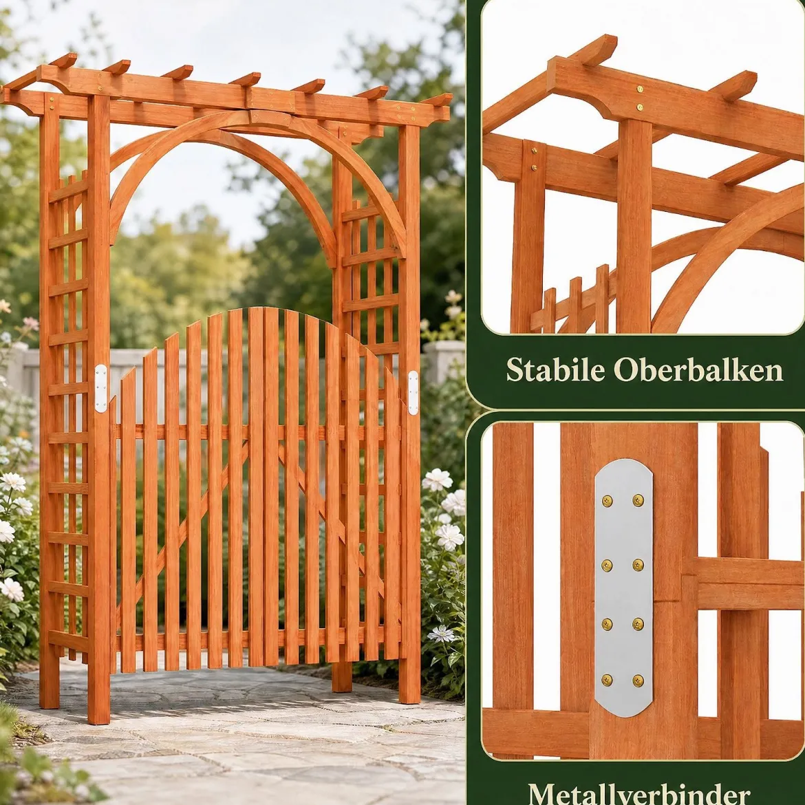 Rosenbogen Holz Rankbogen aus Tannenholz mit Hängedach & Rankgitter 161 x 60 x 216 cm Orange