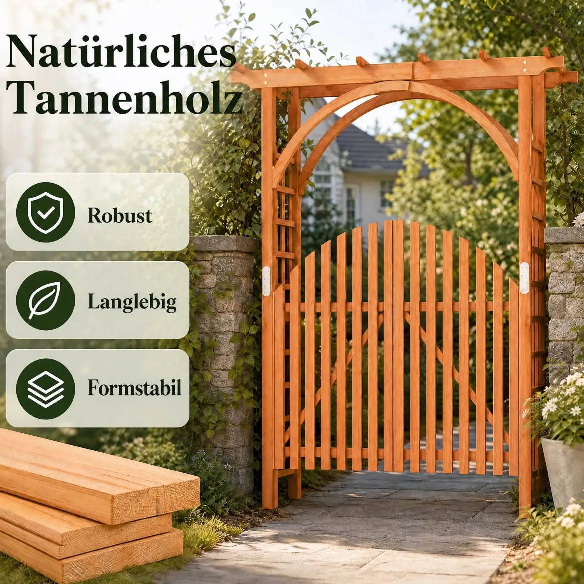 Rosenbogen Holz Rankbogen aus Tannenholz mit Hängedach & Rankgitter 161 x 60 x 216 cm Orange