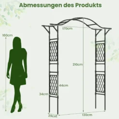 Rosenbogen Metall Gartenbogen für Kletterpflanzen Torbogen Garten Rosengitter Rankhilfe Rankgitter 170 x 39 x 210 cm Schwarz
