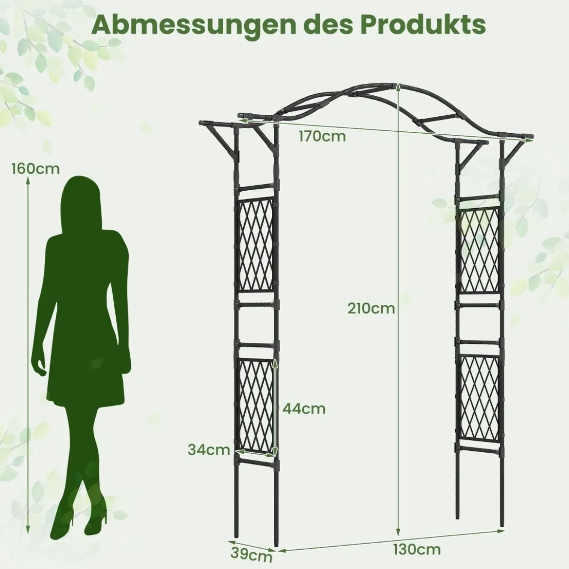 Rosenbogen Metall Gartenbogen für Kletterpflanzen Torbogen Garten Rosengitter Rankhilfe Rankgitter 170 x 39 x 210 cm Schwarz