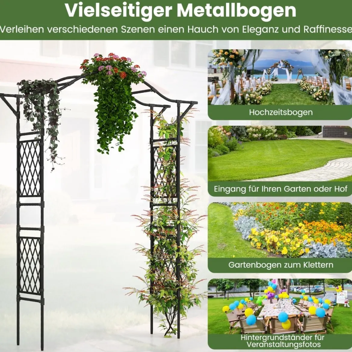 Rosenbogen Metall Gartenbogen für Kletterpflanzen Torbogen Garten Rosengitter Rankhilfe Rankgitter 170 x 39 x 210 cm Schwarz