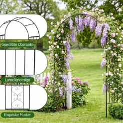 Rosenbogen Metall Wetterfest Gartenbogen für Kletterpflanzen mit 4 Bodenpfählen 117 x 57 x 231 cm Schwarz