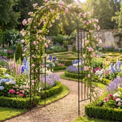 Rosenbogen Metall Wetterfest Gartenbogen für Kletterpflanzen mit 4 Bodenpfählen 117 x 57 x 231 cm Schwarz